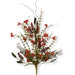 A bouquet of artificial red flowers and green foliage with small berries and thin branches, arranged in a spray style—similar to our 24" Orange Lavender Berry Spray Artificial Floral Stem (63048-OR)—creates the perfect accent for fall decorating against a white background.