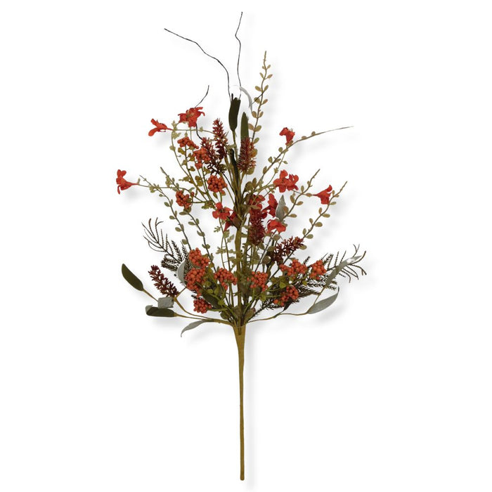 The 24" Orange Lavender Berry Spray Artificial Floral Stem (63048-OR) displays a vibrant mix of red, orange, and green flowers and leaves, artfully arranged with delicate branches and assorted foliage—an ideal choice for fall décor and elegantly showcased against a white background.