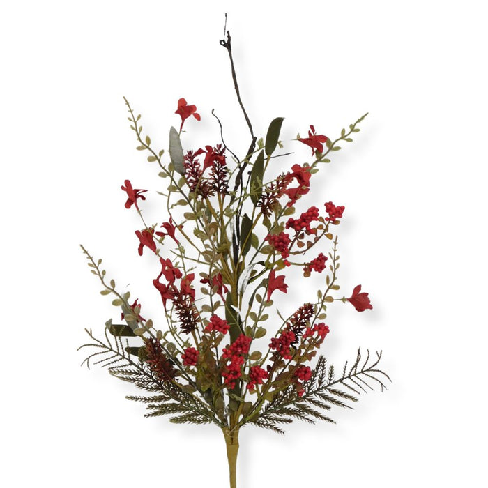 24-inch artificial Red Lavender Berry Spray with vibrant red berry clusters, delicate red blooms, mixed greenery, and natural accents for wreaths, centerpieces, holiday décor, and floral arrangements.