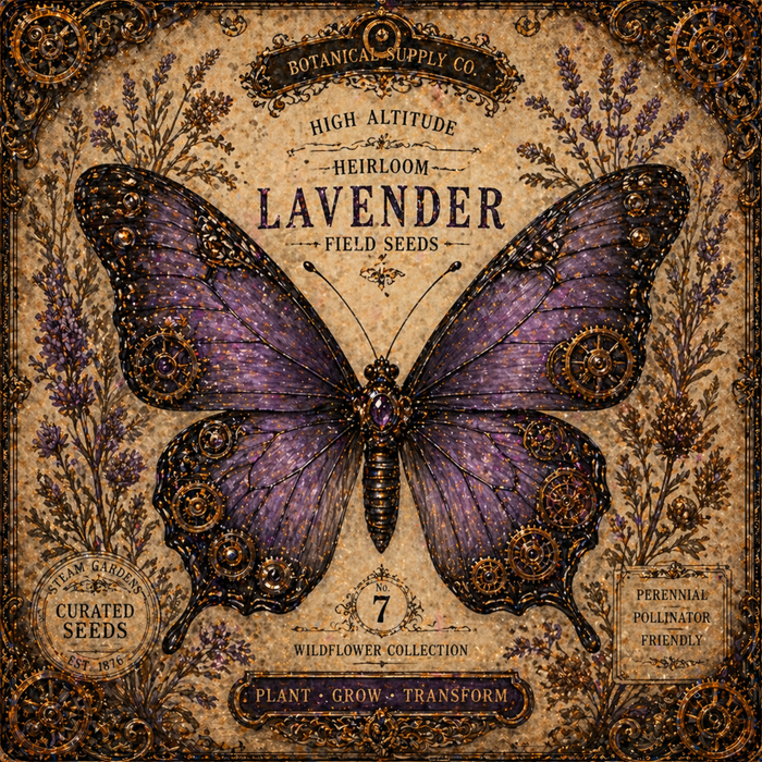 TTE-465 metal sign featuring a vintage lavender butterfly with steampunk gears, botanical seed packet styling, lavender flowers, and antique-inspired details.