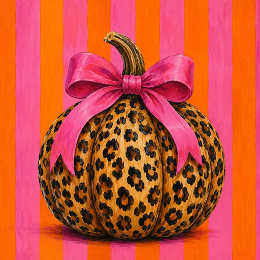 Leopard animal print pumpkin fall metal sign featuring a hot pink bow and bold pink and orange striped background. Exclusive Trendy Tree Design. SKU TTE-542.
