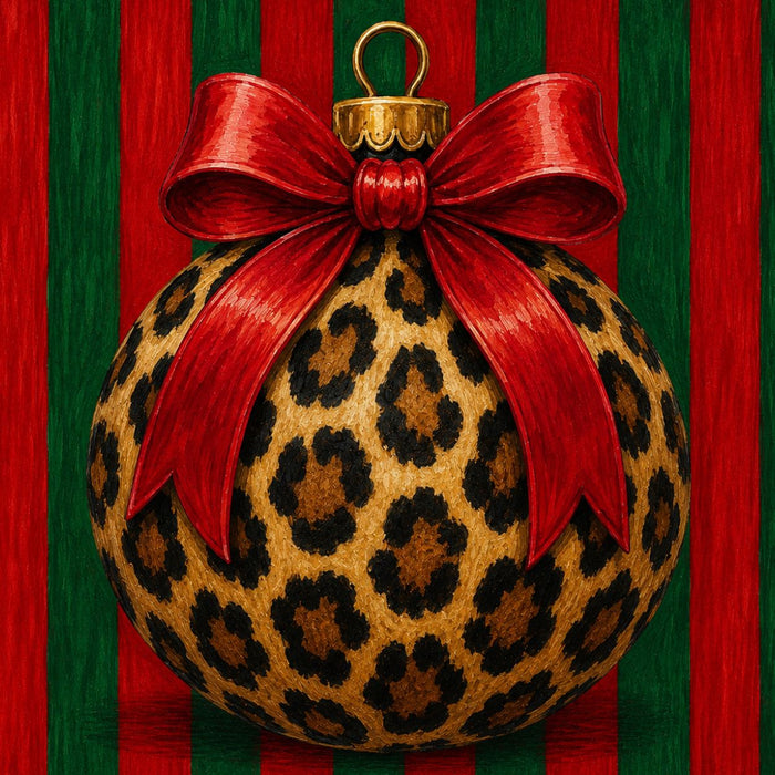 Leopard ornament Christmas metal sign with red bow and red and green striped background