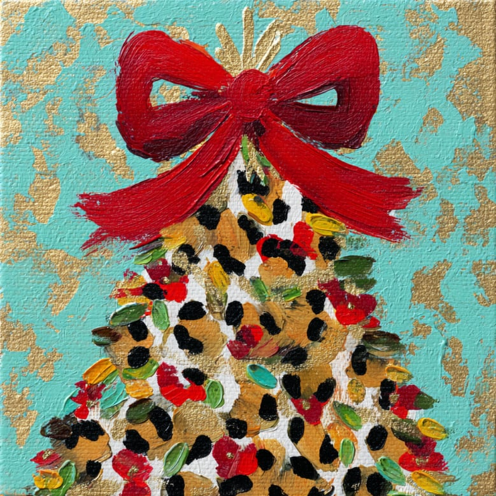 10" x 10" Leopard Christmas Tree metal sign with red bow and turquoise background accented in gold, white, black, and brown — perfect for wreaths and holiday décor