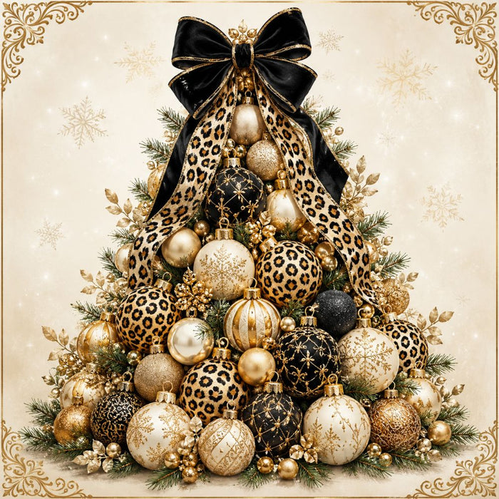 Elegant Christmas tree filled with leopard print, black, gold and cream ornaments and topped with an animal print bow on metal wreath sign TTE-601.