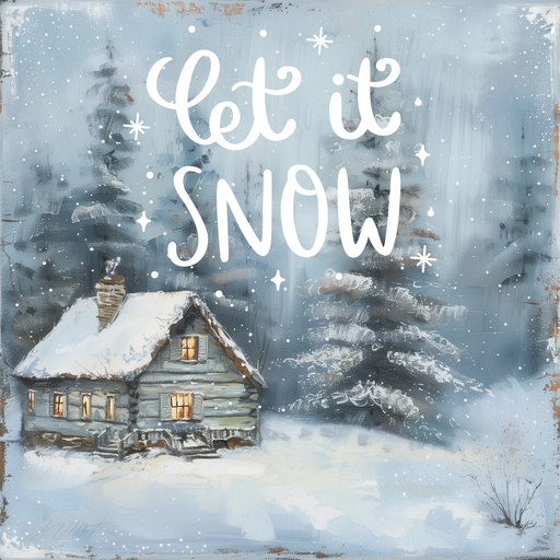 10-inch metal wall sign with a cozy snow-covered cabin, snowy evergreens, and white “Let It Snow” text in a painterly winter scene.