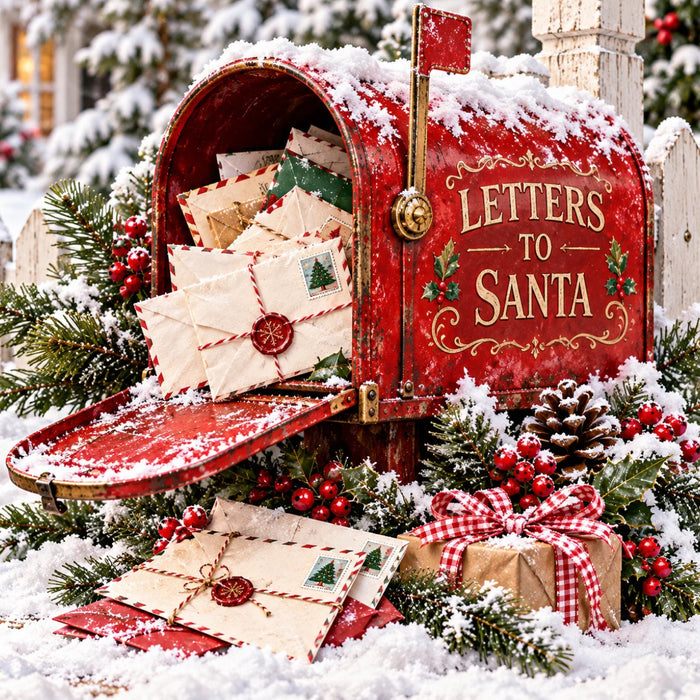Vintage red Christmas mailbox with Letters to Santa lettering, envelopes, snow-covered pine greenery, red berries, pinecones, and a wrapped gift with a red gingham bow, TTE-880.