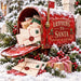 Vintage red Christmas mailbox with Letters to Santa lettering, envelopes, snow-covered pine greenery, red berries, pinecones, and a wrapped gift with a red gingham bow, TTE-880.