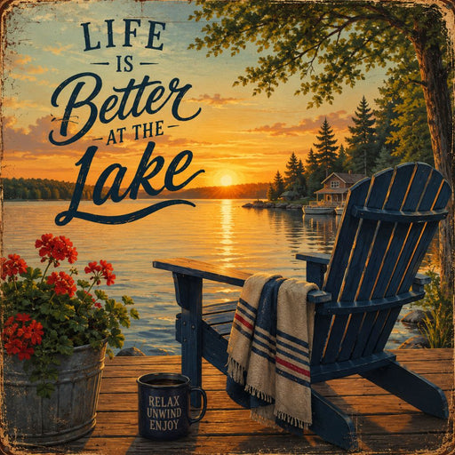 Life Is Better at the Lake metal sign featuring an Adirondack chair, lake sunset, dock, cozy blanket, flowers, and a relaxing lakeside scene. Exclusive Trendy Tree Design. SKU TTE-559.