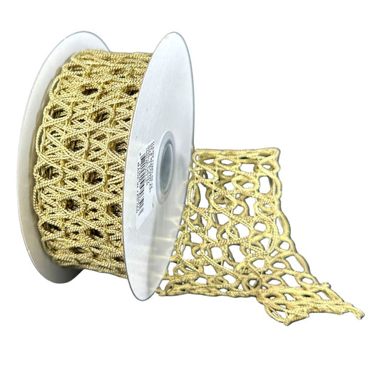 Light gold squiggly open weave ribbon with looping metallic woven design, 1.5 inches x 10 yards, SKU 77601-09-14.