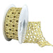 Light gold squiggly open weave ribbon with looping metallic woven design, 1.5 inches x 10 yards, SKU 77601-09-14.