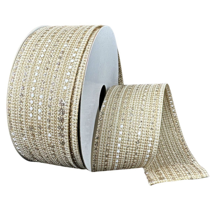 Light gold and white metallic linen wired ribbon with silver dot stripes, 1.5 inches x 10 yards.
