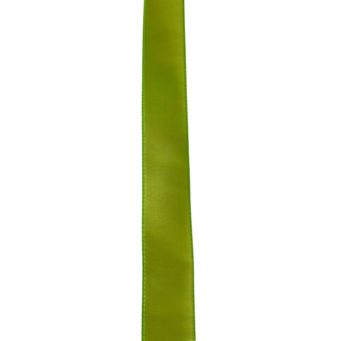 A strip of ribbon from the 1.5"X10Y Lime-Iridescent Lala Solid 42409-09-09 series, featuring a glossy finish and smooth edges, stands out against a plain white background.
