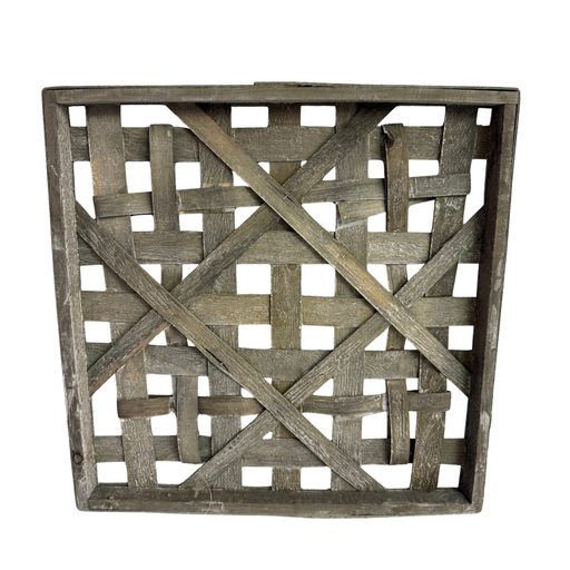 The 16 Gray Wash Woven Frame Square M10537 is a rustic wooden tray with a weathered finish, open crisscross lattice design, visible wood grain, and diagonal supports forming an X across the center.