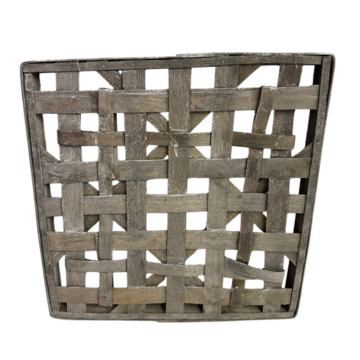 The 16 Gray Wash Woven Frame Square M10537 is a rustic wooden basket with an open-weave pattern and weathered gray finish, viewed from above on a white background.