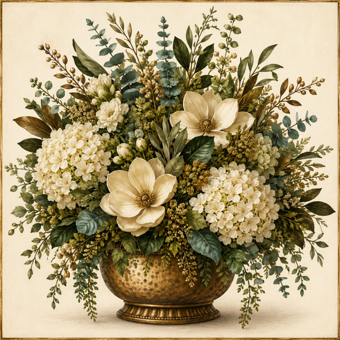 Cream magnolia and hydrangea floral arrangement with eucalyptus and greenery in a hammered gold container.