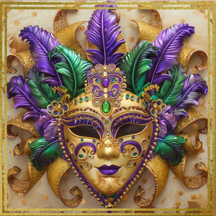 Mardi Gras 10-inch metal sign featuring a purple, green, and gold feathered mask with jeweled accents and glittering details.