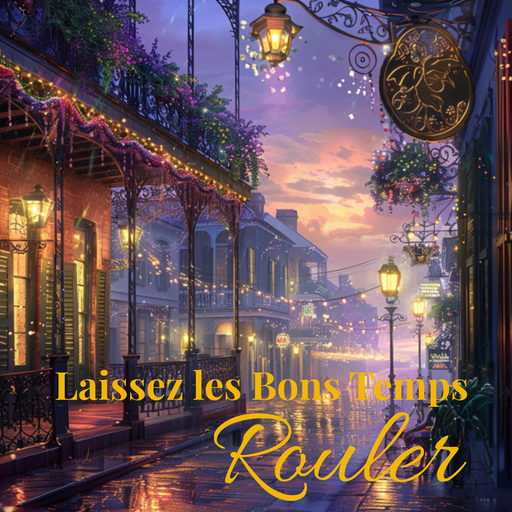 Laissez les Bons Temps Rouler 10-inch metal Mardi Gras sign featuring a glowing French Quarter street scene with lanterns and wrought iron balconies.