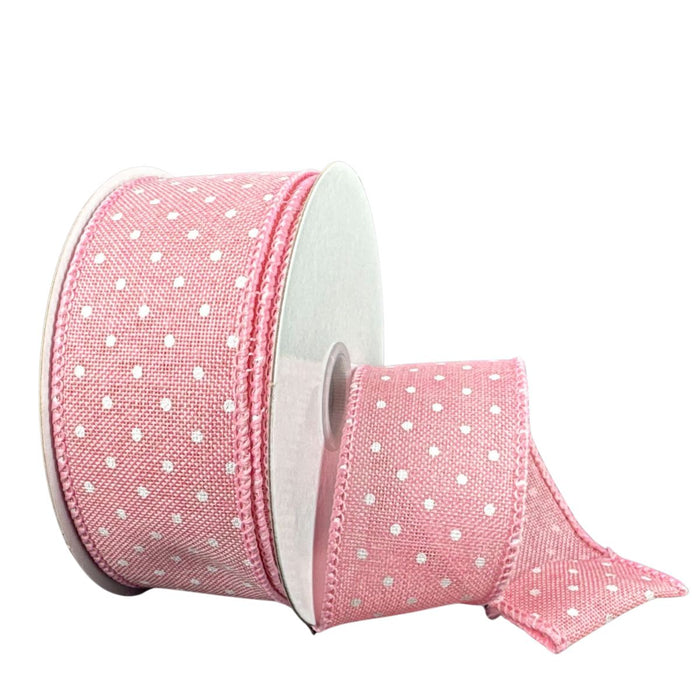 1.5 inch wired mauve linen ribbon with white swiss dots for wreath making and accents SKU 42675-09-03