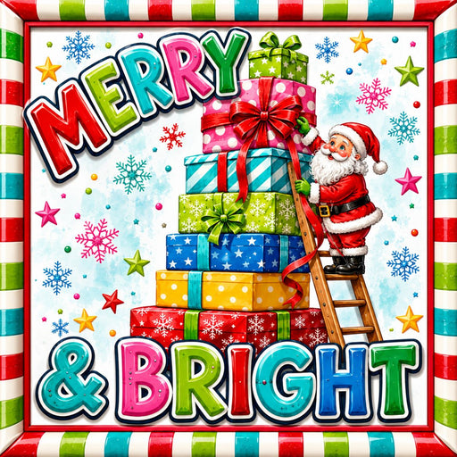 Merry and Bright Christmas metal sign with Santa on a ladder and colorful stacked Christmas presents