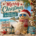Merry Christmas from Our Beach House metal sign featuring a sand snowman with sunglasses, palm trees, seashells, beach signs, and tropical Christmas décor. Exclusive Trendy Tree Design. SKU TTE-561.
