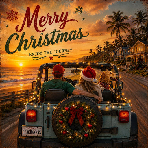 Merry Christmas beach road trip metal sign featuring a couple and dog riding along the coast at sunset with palm trees, Christmas lights, and a holiday wreath. SKU TTE-571.