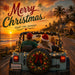 Merry Christmas beach road trip metal sign featuring a couple and dog riding along the coast at sunset with palm trees, Christmas lights, and a holiday wreath. SKU TTE-571.