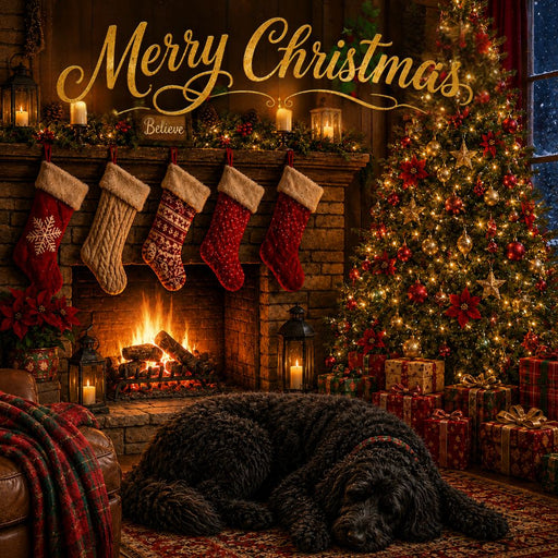 TTE-587 Christmas metal sign with black dog sleeping by a glowing fireplace, stockings, decorated Christmas tree, presents and Merry Christmas greeting.