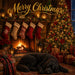 TTE-587 Christmas metal sign with black dog sleeping by a glowing fireplace, stockings, decorated Christmas tree, presents and Merry Christmas greeting.