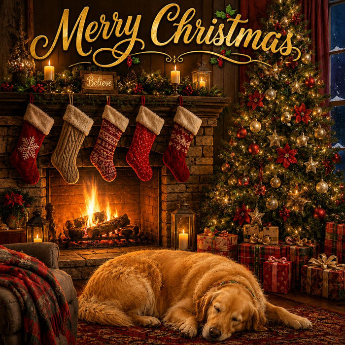 Merry Christmas metal sign featuring a sleeping Golden Retriever by a glowing fireplace with stockings, decorated Christmas tree, candles, and wrapped gifts. SKU TTE-585.