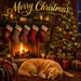 Merry Christmas metal sign featuring a sleeping Golden Retriever by a glowing fireplace with stockings, decorated Christmas tree, candles, and wrapped gifts. SKU TTE-585.