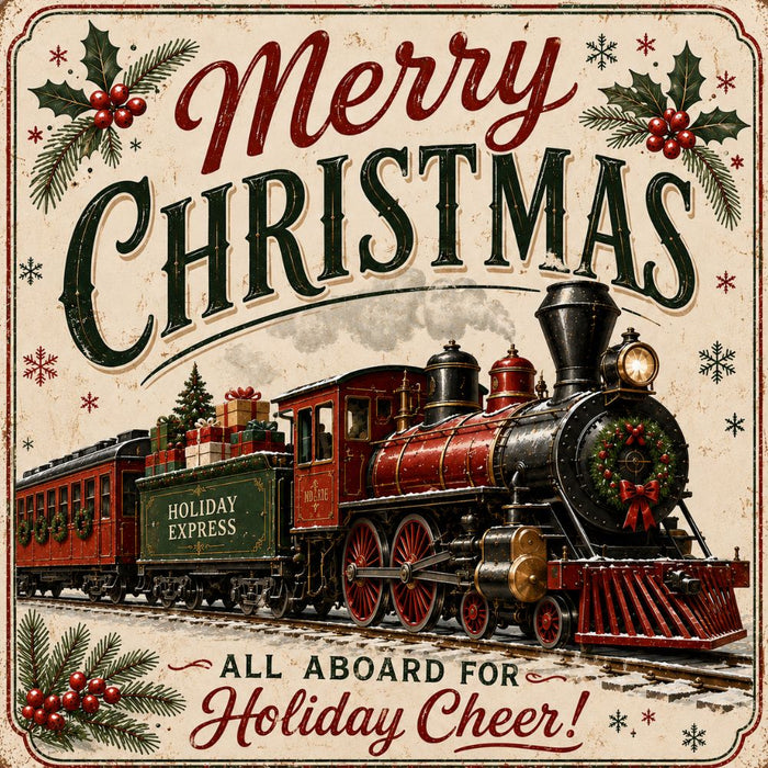 Merry Christmas 10 inch metal sign with vintage Holiday Express steam train carrying Christmas gifts, holly and the words All Aboard for Holiday Cheer, TTE-704.