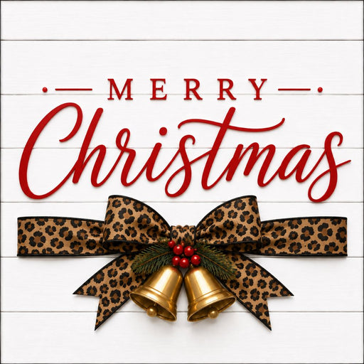 Merry Christmas 10 inch metal sign with leopard animal print bow, gold bells, red berries and bold red lettering on a white wood plank background, TTE-675.