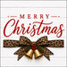 Merry Christmas 10 inch metal sign with leopard animal print bow, gold bells, red berries and bold red lettering on a white wood plank background, TTE-675.