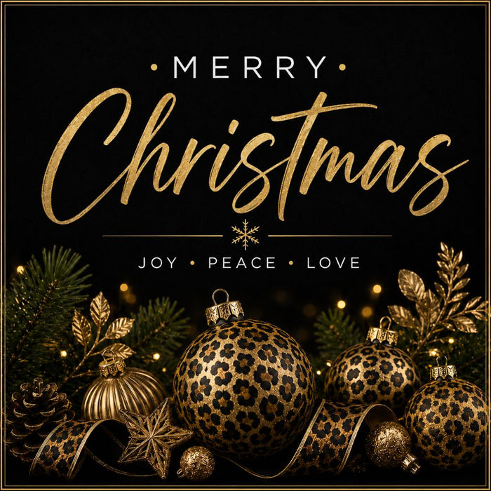 Merry Christmas 10 inch metal sign with gold glitter lettering, leopard animal print ornaments, pine branches, pinecones, gold ribbon and Joy Peace Love sentiment, TTE-660.