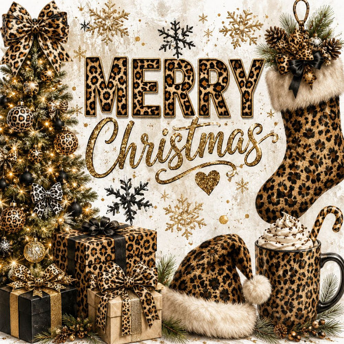 Merry Christmas 10 inch metal sign with leopard animal print Christmas tree, stocking, Santa hat, gifts and cocoa, TTE-657.