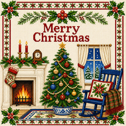 Merry Christmas 10 inch metal sign with needlepoint-style Christmas tree, glowing fireplace, blue rocking chair, snowy window, stocking, holly and decorative red border, TTE-670.