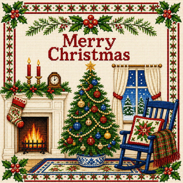 Merry Christmas 10 inch metal sign with needlepoint-style Christmas tree, glowing fireplace, blue rocking chair, snowy window, stocking, holly and decorative red border, TTE-670.