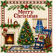 Merry Christmas 10 inch metal sign with needlepoint-style Christmas tree, glowing fireplace, blue rocking chair, snowy window, stocking, holly and decorative red border, TTE-670.