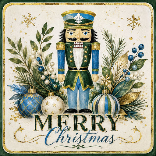Merry Christmas metal sign with traditional nutcracker, blue and gold ornaments, greenery, and elegant holiday accents.
