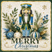 Merry Christmas metal sign with traditional nutcracker, blue and gold ornaments, greenery, and elegant holiday accents.