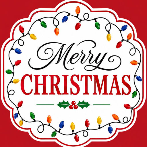 Merry Christmas red metal sign featuring old-fashioned multicolor Christmas lights, holly and berries, red border, and classic holiday lettering. Exclusive Trendy Tree Design. SKU TTE-568.
