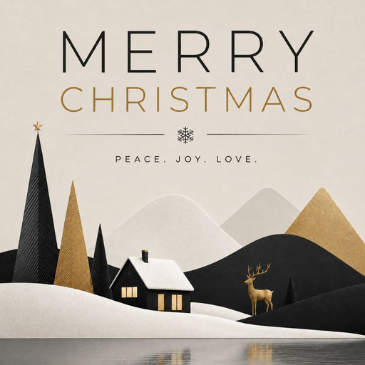 Merry Christmas 10 inch metal sign with modern paper-cut style snowy landscape, cabin, deer, evergreen trees and Peace Joy Love sentiment, TTE-659.