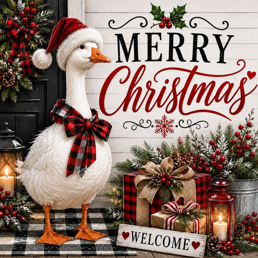 Merry Christmas porch goose metal sign featuring a white goose in a Santa hat and red buffalo plaid bow with gifts, lanterns, greenery, and berries. SKU TTE-583.