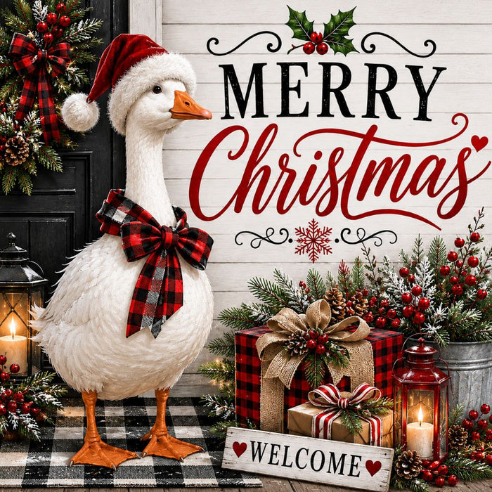 Merry Christmas porch goose metal sign featuring a white goose in a Santa hat and red buffalo plaid bow with gifts, lanterns, greenery, and berries. SKU TTE-583.