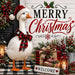 Merry Christmas porch goose metal sign featuring a white goose in a Santa hat and red buffalo plaid bow with gifts, lanterns, greenery, and berries. SKU TTE-583.