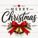 Merry Christmas 10 inch metal sign with black script lettering, red bow, gold bells, green pine branches, red berries and red heart on a white wood plank background, TTE-676.