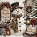 Merry Christmas snowman metal sign with leopard animal print scarf, top hat, snowy greenery and red holiday accents