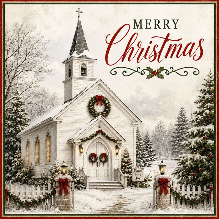 Merry Christmas 10 inch metal sign with snowy white country church, Christmas wreaths, evergreen trees, garland, red bows and glowing lanterns, TTE-674.