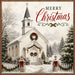 Merry Christmas 10 inch metal sign with snowy white country church, Christmas wreaths, evergreen trees, garland, red bows and glowing lanterns, TTE-674.