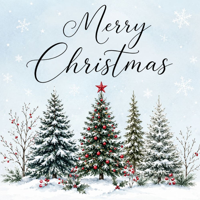 Merry Christmas 10 inch metal sign with snowy evergreen trees, decorated Christmas tree with red ornaments and star, red berries and snowflakes on an icy blue background, TTE-69